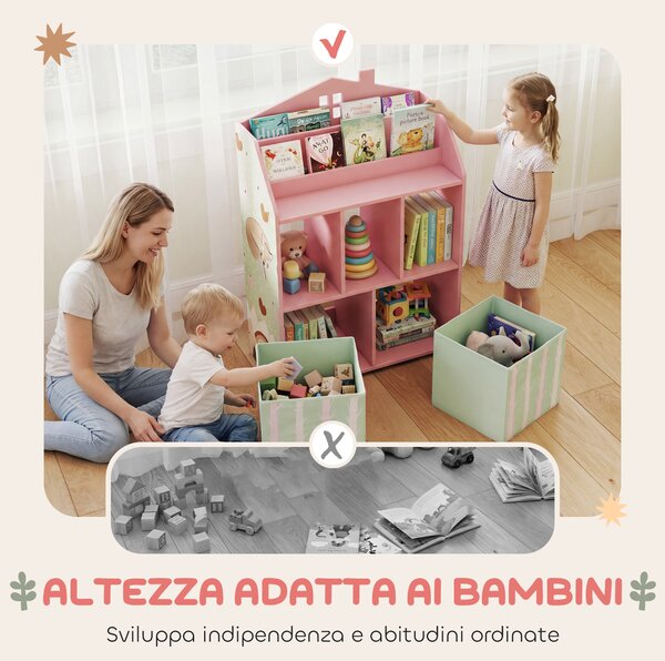 AIYAPLAY Scaffale Portagiochi Bambini in Legno FSC, 2 Contenitori Rimovibili in Tessuto e Ripiani, per Cameretta, Rosa | Aosom Italy