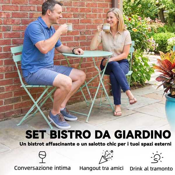 Outsunny Bistrò Set Giardino: Tavolo Rotondo e Sedie Pieghevoli per 2, Verde Chiaro. | Aosom Italy