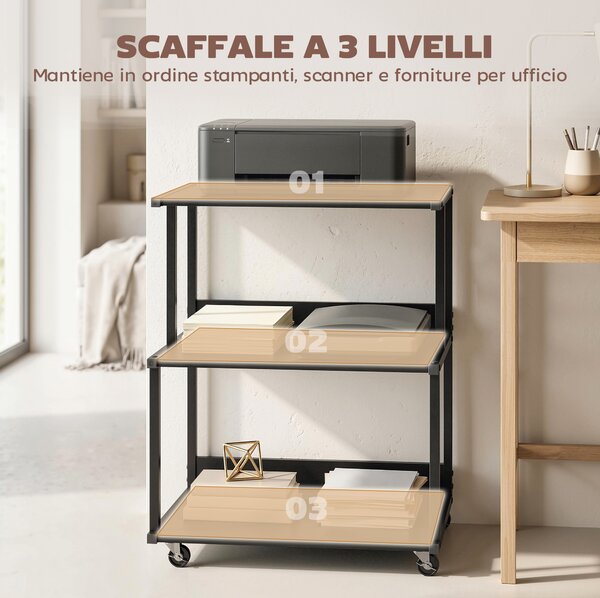 HOMCOM supporto stampante 3 livelli con ruote, tavolino industriale metallo ufficio, nero. | Aosom Italy