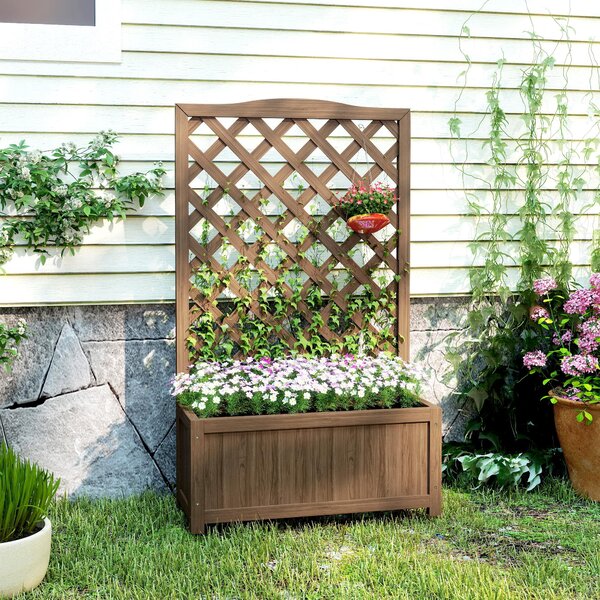 Outsunny Fioriera con traliccio, vaso per piante, per piante rampicanti, ortaggi, fiori, in legno massello, 70x28x117cm marrone scuro | Aosom Italy