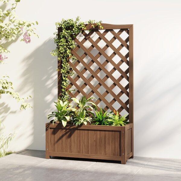 Outsunny Fioriera con traliccio, vaso per piante, per piante rampicanti, ortaggi, fiori, in legno massello, 70x28x117cm marrone scuro | Aosom Italy