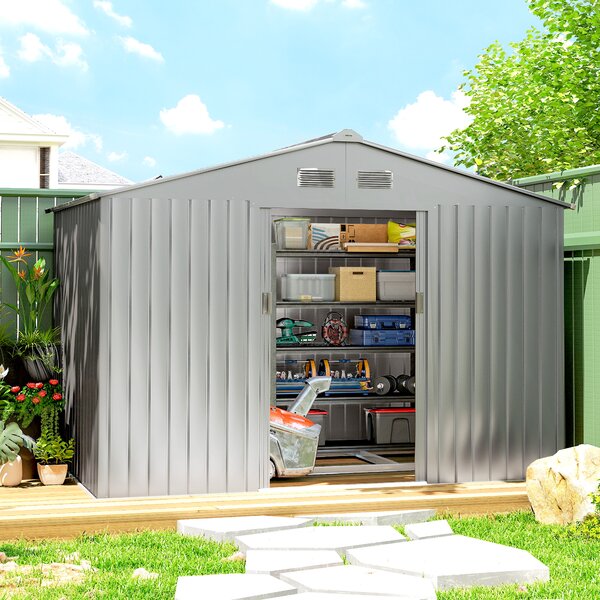 Outsunny Casetta da Giardino Esterna 4,9 m² 277x195x192 cm con Porta Scorrevole Ventilazione e Kit di Fondazione Grigio | Aosom Italy