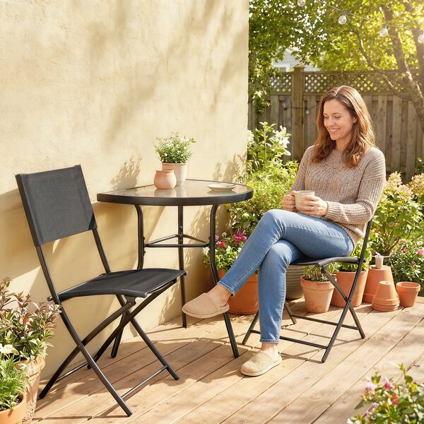 Outsunny Set da Bistrò da 3 Pezzi con 2 Sedie Texteline, Tavolo Semicircolare in Vetro Temperato, Nero | Aosom Italy
