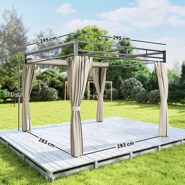 Outsunny Pergola da Giardino 3x3 m con Tetto Retrattile e Tende Protezione UV30+ Struttura Metallica per Patio Terrazza Beige | Aosom Italy