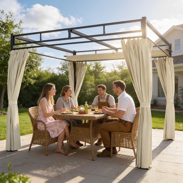 Outsunny Pergola da Giardino 3x3 m con Tetto Retrattile e Tende Protezione UV30+ Struttura Metallica per Patio Terrazza Beige | Aosom Italy