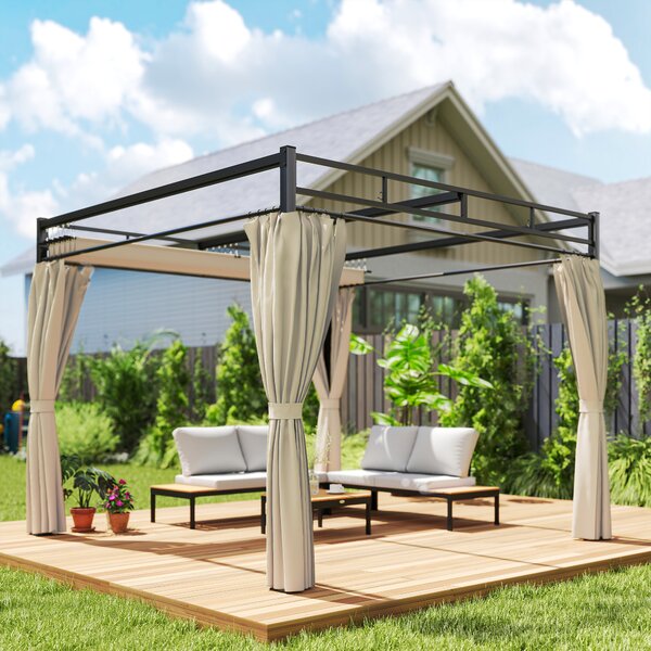 Outsunny Pergola da Giardino 3x3 m con Tetto Retrattile e Tende Protezione UV30+ Struttura Metallica per Patio Terrazza Beige | Aosom Italy