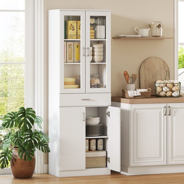 HOMCOM Credenza alta da cucina, armadio da cucina, 4 ante di cui 2 in vetro, cassetti, ripiani regolabili, 60x35x180cm, bianco | Aosom Italy
