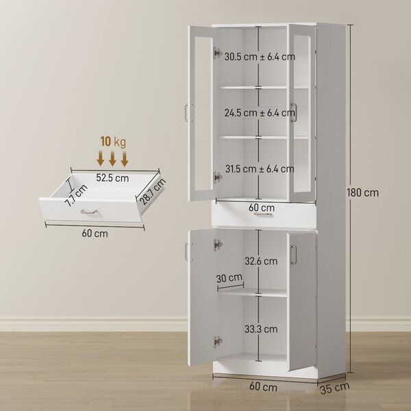 HOMCOM Credenza alta da cucina, armadio da cucina, 4 ante di cui 2 in vetro, cassetti, ripiani regolabili, 60x35x180cm, bianco | Aosom Italy