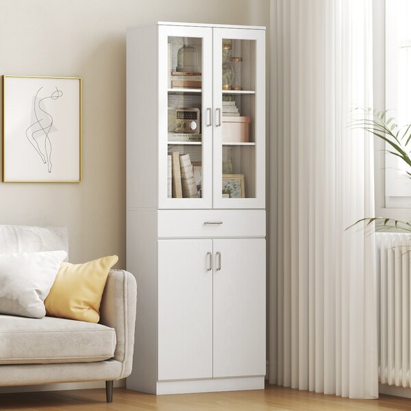 HOMCOM Credenza alta da cucina, armadio da cucina, 4 ante di cui 2 in vetro, cassetti, ripiani regolabili, 60x35x180cm, bianco | Aosom Italy