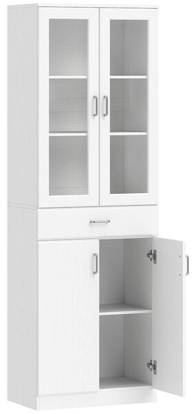 HOMCOM Credenza alta da cucina, armadio da cucina, 4 ante di cui 2 in vetro, cassetti, ripiani regolabili, 60x35x180cm, bianco | Aosom Italy