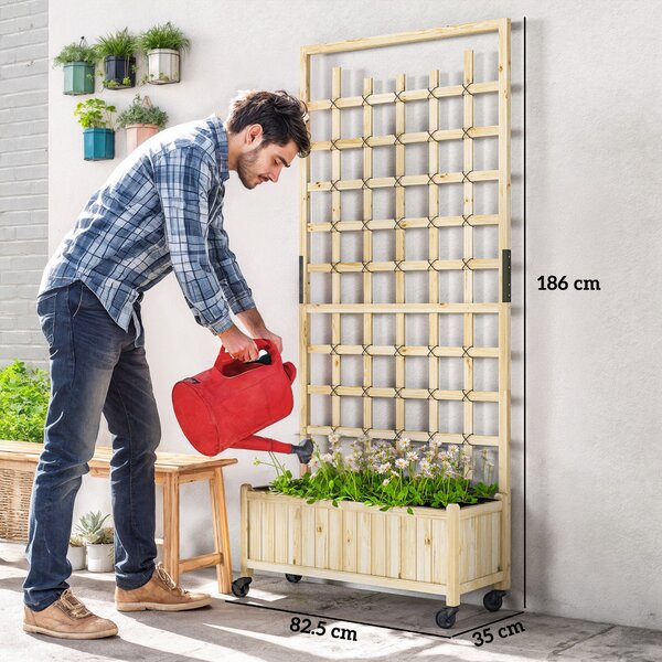Outsunny Fioriera con reticolo, vaso con ruote, per piante rampicanti, legno massiccio, 82,5x35x186cm, legno naturale | Aosom Italy