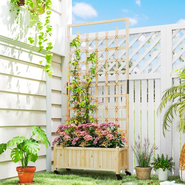 Outsunny Fioriera con reticolo, vaso con ruote, per piante rampicanti, legno massiccio, 82,5x35x186cm, legno naturale | Aosom Italy