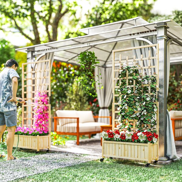 Outsunny Fioriera con reticolo, vaso con ruote, per piante rampicanti, legno massiccio, 82,5x35x186cm, legno naturale | Aosom Italy