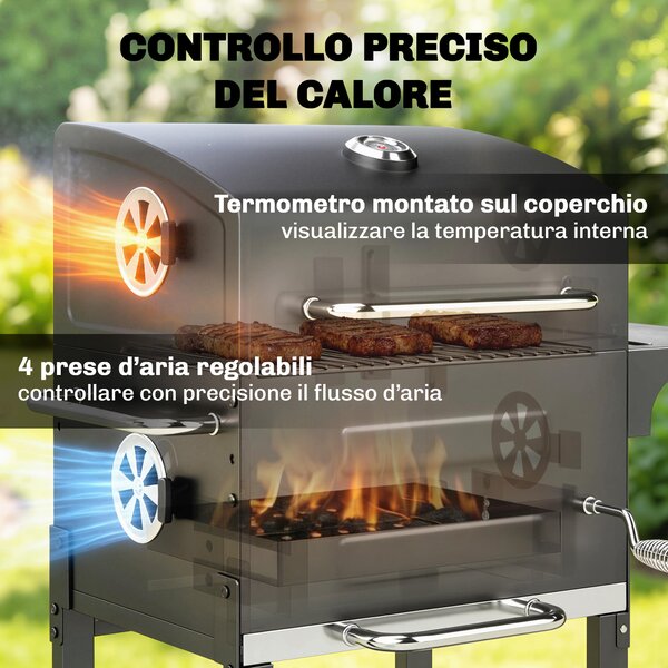 Outsunny Barbecue a Carbone con Termometro per Patio e Giardino, Nero | Aosom Italy