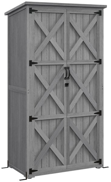 Outsunny Armadio da giardino, capanno da giardino su piedistallo, con 2 ripiani, tetto inclinato e bitumato, in legno massiccio, 90x54,5x168,5cm, grigio | Aosom Italy