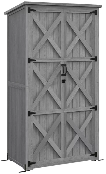 Outsunny Armadio da giardino, capanno da giardino su piedistallo, con 2 ripiani, tetto inclinato e bitumato, in legno massiccio, 90x54,5x168,5cm, grigio | Aosom Italy
