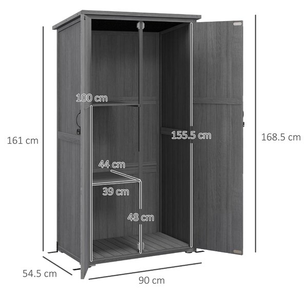 Outsunny Armadio da giardino, capanno da giardino su piedistallo, con 2 ripiani, tetto inclinato e bitumato, in legno massiccio, 90x54,5x168,5cm, grigio | Aosom Italy