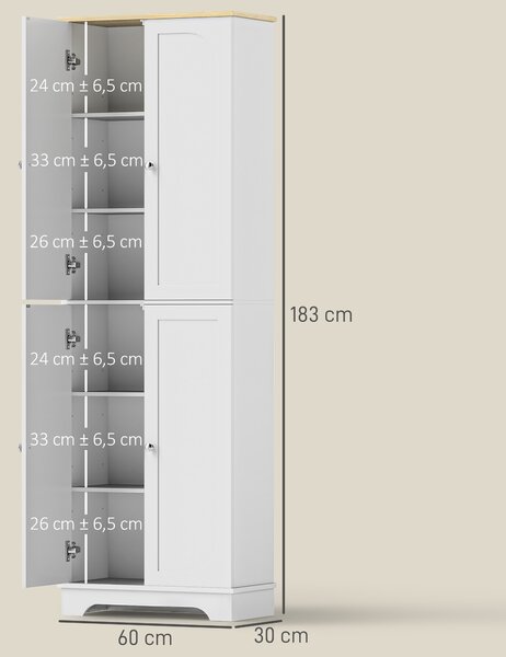 HOMCOM Dispensa da Cucina Mobile Auxiliare da Cucina con 4 Ante e Ripiani Regolabili per Sala da Pranzo Salotto 60x30x183 cm Bianco | Aosom Italy
