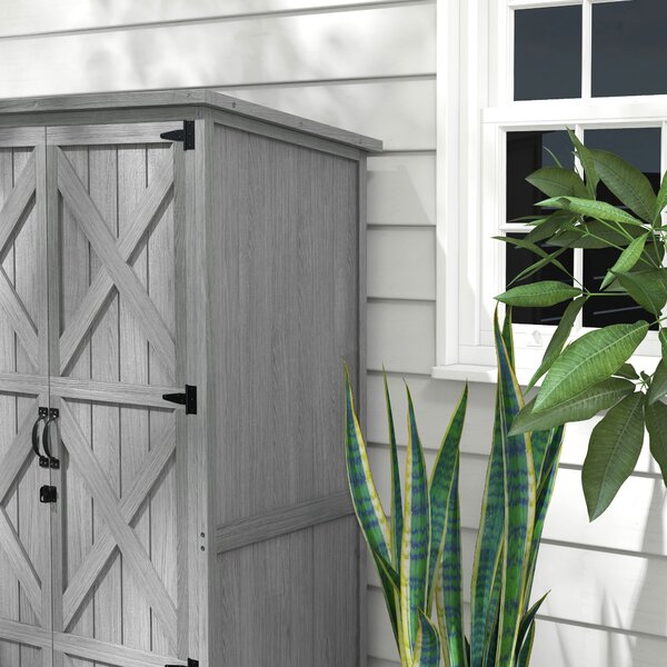 Outsunny Armadio da giardino, capanno da giardino su piedistallo, con 2 ripiani, tetto inclinato e bitumato, in legno massiccio, 90x54,5x168,5cm, grigio | Aosom Italy