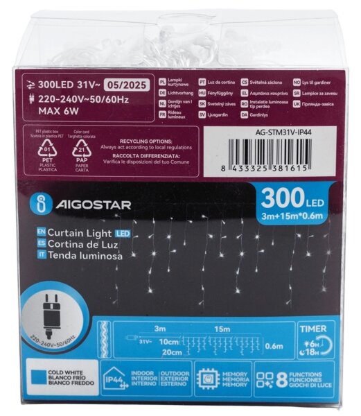 Aigostar - Catena luminosa LED decorativa per esterni 300xLED/6W/230V 15x0,6m IP44 bianco freddo
