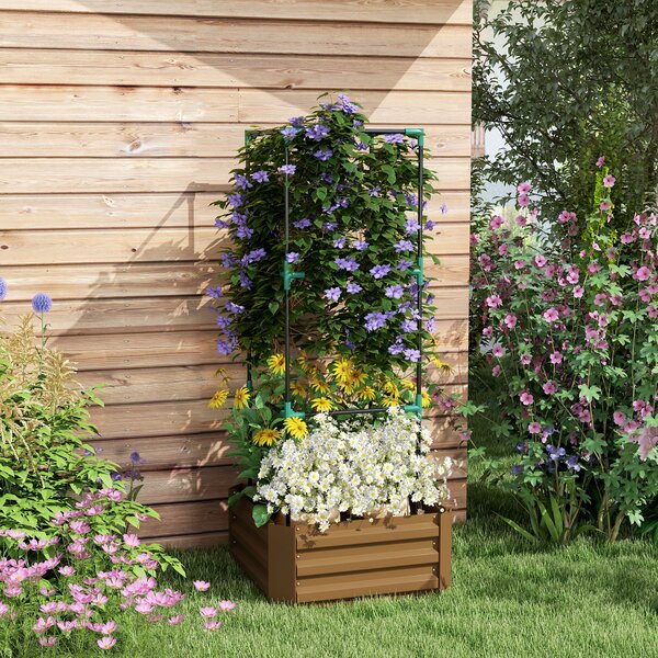 Outsunny Aiuola rialzata con griglia, cassone con supporto per rampicanti, fondo aperto, resistente alle intemperie, 61 cm x 61 cm x 140 cm, Marrone | Aosom Italy