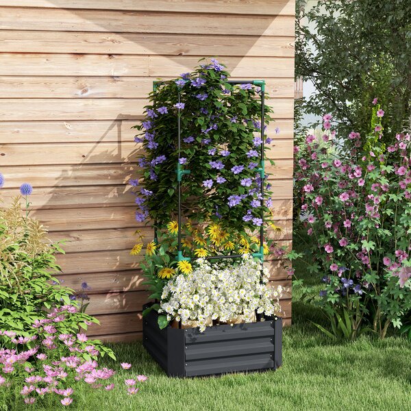 Outsunny Orto rialzato con griglia di supporto, fioriera con supporto, fondo aperto, resistente alle intemperie, 61 cm x 61 cm x 140 cm, Grigio scuro | Aosom Italy