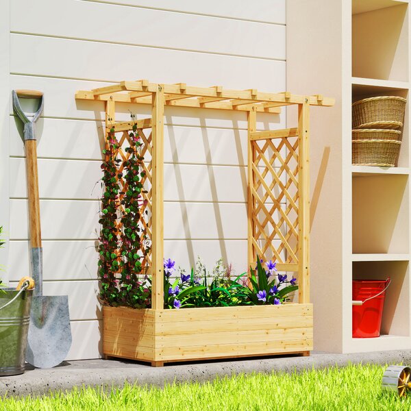 Outsunny Fioriera rialzata con graticcio laterale e superiore, vaso da fiori, fori di drenaggio, 110x44x113 cm, legno naturale | Aosom Italy
