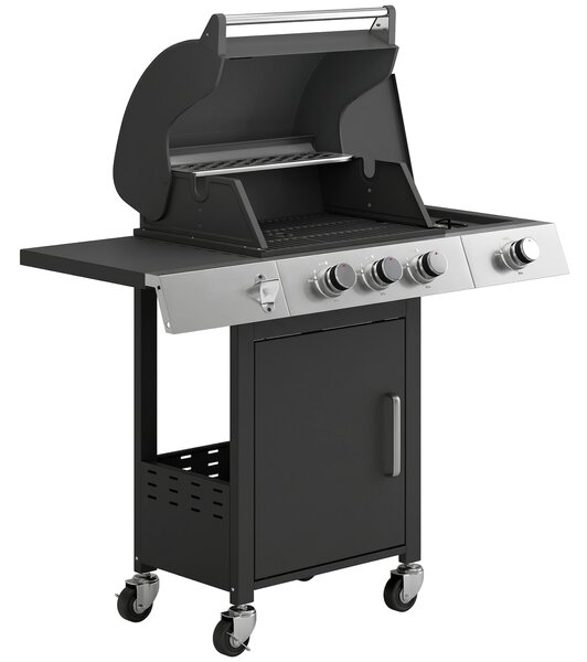 Barbecue a Gas 109x50x109 cm con 3 Fuochi e Bruciatore Laterale in Acciaio Inox e Metallo Nero