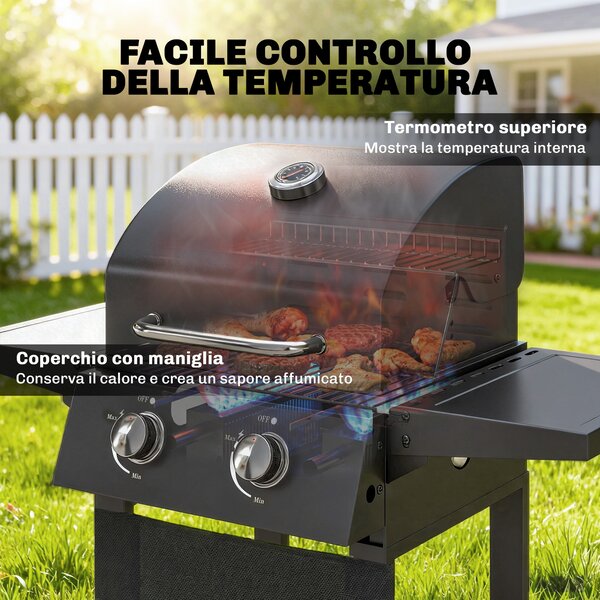 Outsunny Barbecue a Gas Propano con 2 Bruciatori, Portatile, Termometro, Nero | Aosom Italy