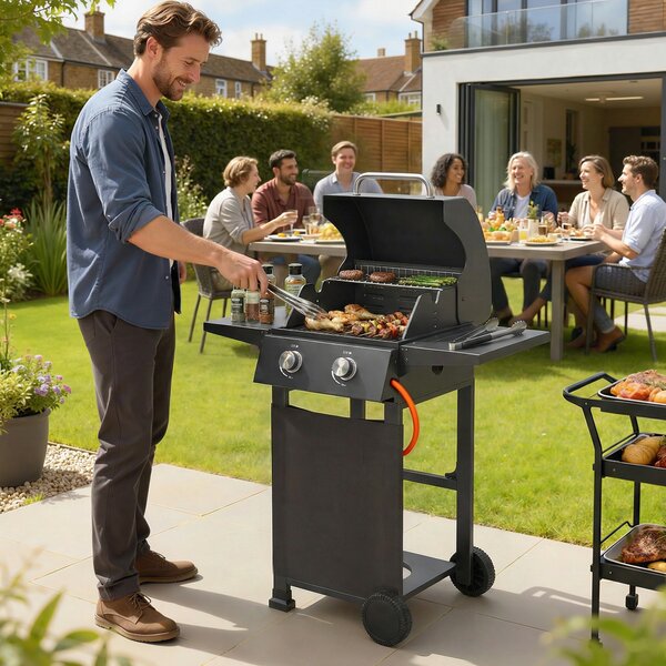 Outsunny Barbecue a Gas Propano con 2 Bruciatori, Portatile, Termometro, Nero | Aosom Italy