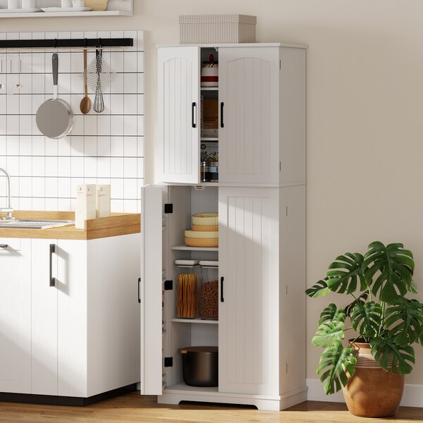 HOMCOM Credenza alta da cucina, armadio da cucina, 4 ante, 10 scomparti, 8 porta-spezie e ripiani regolabili, 60x35x162cm, bianco | Aosom Italy