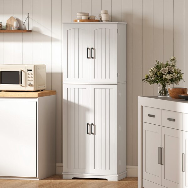 HOMCOM Credenza alta da cucina, armadio da cucina, 4 ante, 10 scomparti, 8 porta-spezie e ripiani regolabili, 60x35x162cm, bianco | Aosom Italy