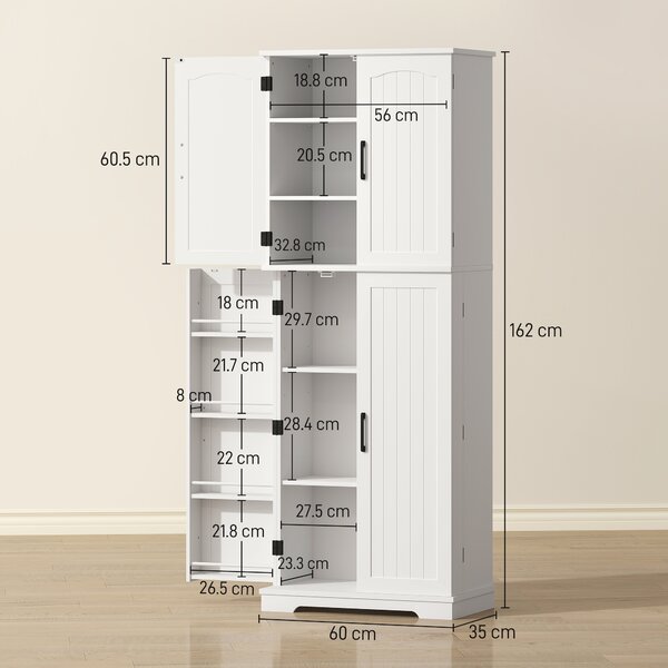HOMCOM Credenza alta da cucina, armadio da cucina, 4 ante, 10 scomparti, 8 porta-spezie e ripiani regolabili, 60x35x162cm, bianco | Aosom Italy