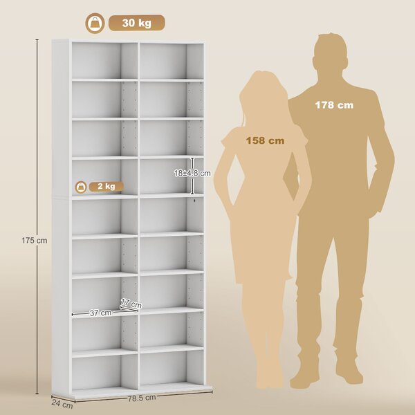 HOMCOM Ripiani per CD e DVD 18 scomparti capacità max. 640 CD/360 DVD 430 Blu-ray 78,5 x 24 x 175 cm bianco | Aosom Italy