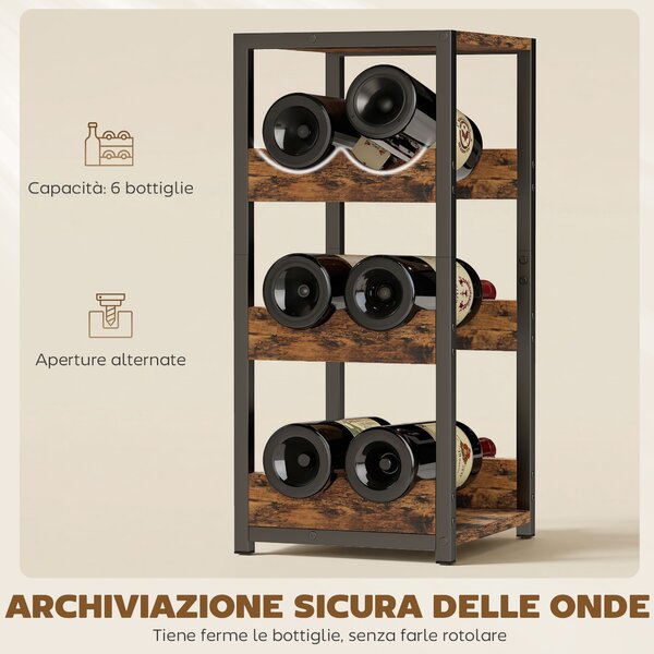 Portabottiglie HOMCOM, scaffali ondulati, piedini regolabili, marrone rustico, nero. | Aosom Italy