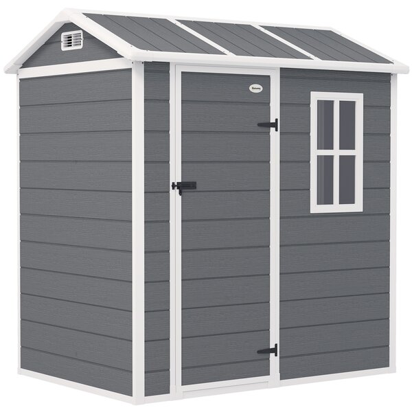 Outsunny Casetta da giardino, capanno con pavimento, finestra, porta richiudibile, resina plastica, resistente alle intemperie, Grigio | Aosom Italy