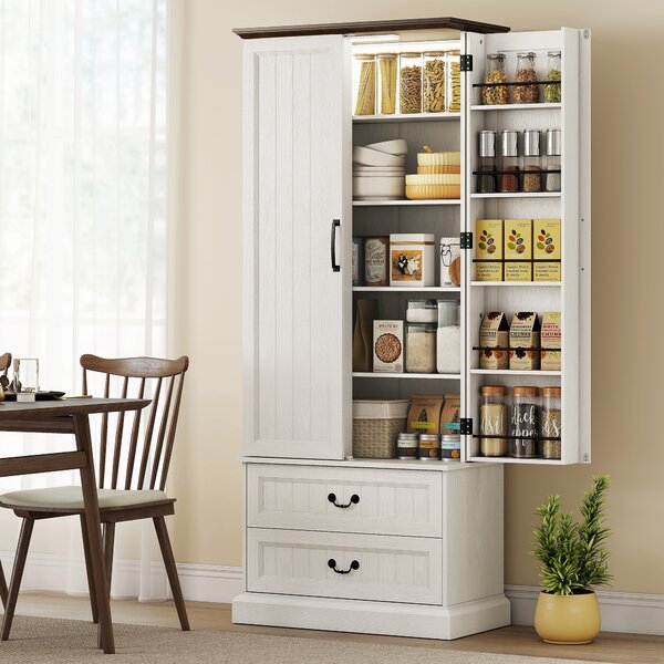 HOMCOM Madia alta da cucina, armadio da cucina, LED a sensore, 2 porte, cassetti e ripiani regolabili, 76x39,5x183cm, bianco | Aosom Italy