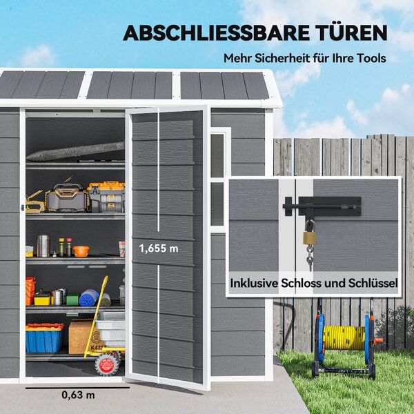 Outsunny Casetta da giardino, capanno con pavimento, finestra, porta richiudibile, resina plastica, resistente alle intemperie, Grigio | Aosom Italy