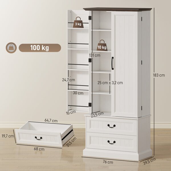 HOMCOM Madia alta da cucina, armadio da cucina, LED a sensore, 2 porte, cassetti e ripiani regolabili, 76x39,5x183cm, bianco | Aosom Italy