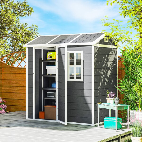 Outsunny Casetta da giardino, capanno con pavimento, finestra, porta richiudibile, resina plastica, resistente alle intemperie, Grigio | Aosom Italy