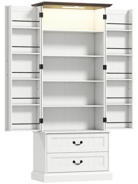 HOMCOM Madia alta da cucina, armadio da cucina, LED a sensore, 2 porte, cassetti e ripiani regolabili, 76x39,5x183cm, bianco | Aosom Italy