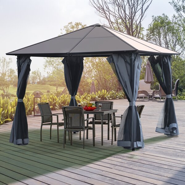 Outsunny Gazebo con tetto in policarbonato, tende con zanzariera, struttura in alluminio, grigio scuro, 3 x 3 m | Aosom Italy
