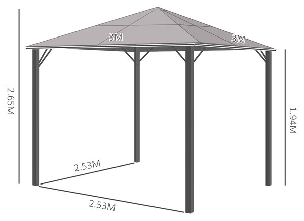 Outsunny Gazebo con tetto in policarbonato, tende con zanzariera, struttura in alluminio, grigio scuro, 3 x 3 m | Aosom Italy