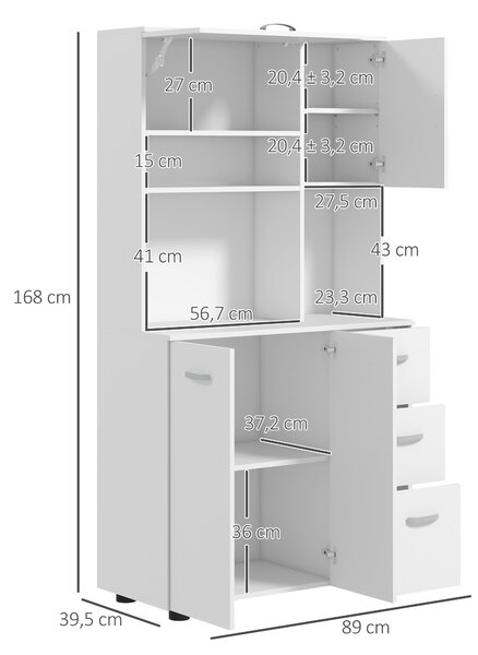 HOMCOM Armadio cucina, buffet, 3 cassetti, 3 ripiani, molto spazio, 89x39,5x168cm, Bianco | Aosom Italy