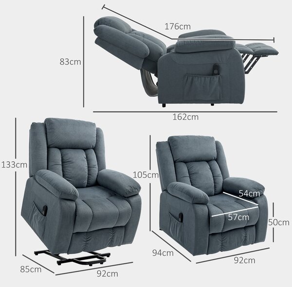 HOMCOM Poltrona alzapersone con rivestimento morbido, recliner con telecomando e tasche laterali, grigio | Aosom Italy