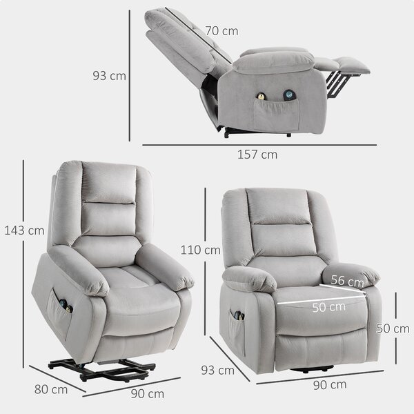 HOMCOM Poltrona alzapersone con funzione massaggio, 90x93x110cm, Grigio chiaro | Aosom Italy