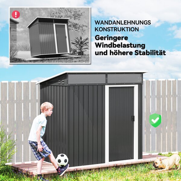 Outsunny Capanno attrezzi con finestre, aperture di ventilazione, porta scorrevole, acciaio impermeabile, resistente alle intemperie, Dunkelgrau | Aosom Italy