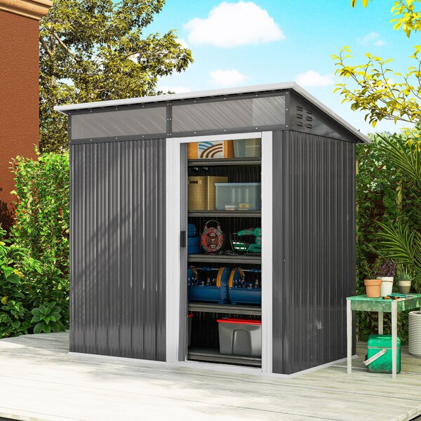 Outsunny Capanno attrezzi con finestre, aperture di ventilazione, porta scorrevole, acciaio impermeabile, resistente alle intemperie, Dunkelgrau | Aosom Italy