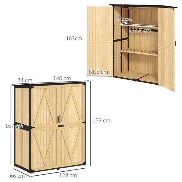 Outsunny Armadio da giardino in legno e acciaio, armadio per attrezzi outdoor con tetto in asfalto, 2 ripiani, porte richiudibili, legno naturale | Aosom Italy