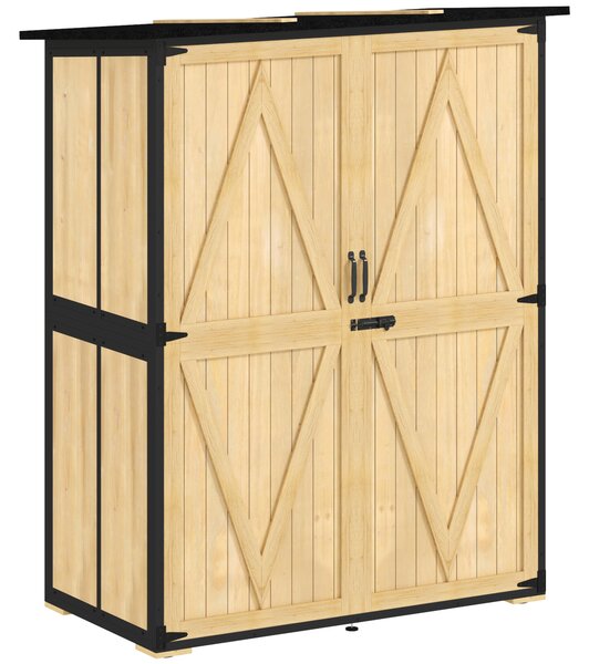 Outsunny Armadio da giardino in legno e acciaio, armadio per attrezzi outdoor con tetto in asfalto, 2 ripiani, porte richiudibili, legno naturale | Aosom Italy